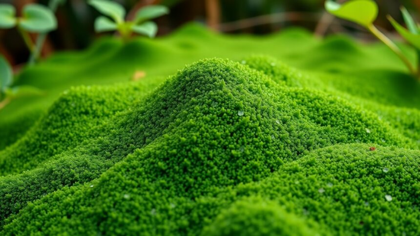 Zöld spirulina alga tápanyagokban gazdag növényekkel.