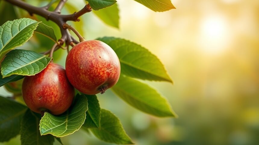 Naspolya gyümölcsök zöld leveleken, napfényben