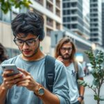 Fiatalok mobiltelefont használva a város utcáján, modern környezetben.