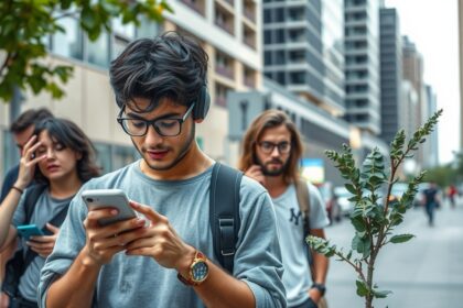 Fiatalok mobiltelefont használva a város utcáján, modern környezetben.