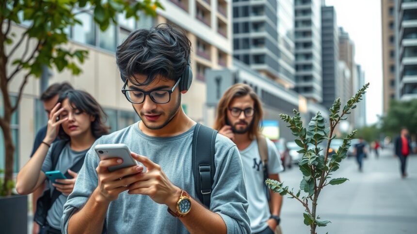 Fiatalok mobiltelefont használva a város utcáján, modern környezetben.
