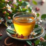 Szenna tea csészében, virágokkal körülvéve, természetes gyógymódként.