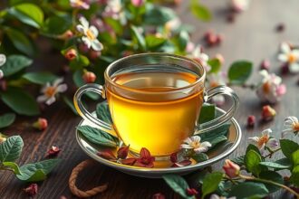 Szenna tea csészében, virágokkal körülvéve, természetes gyógymódként.