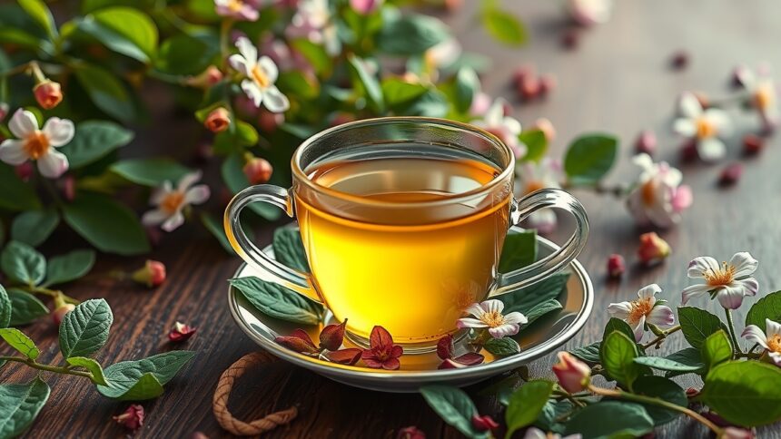 Szenna tea csészében, virágokkal körülvéve, természetes gyógymódként.