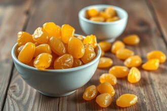 Arany mazsola tálban, friss és egészséges természetes édesség