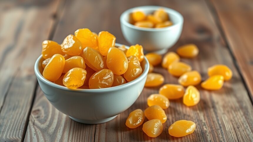 Arany mazsola tálban, friss és egészséges természetes édesség