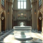 Szenteltvíz forrása egy gyönyörű templomban, világos környezettel.