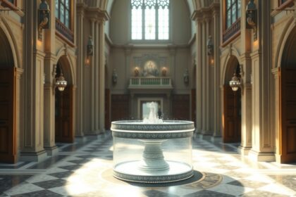 Szenteltvíz forrása egy gyönyörű templomban, világos környezettel.