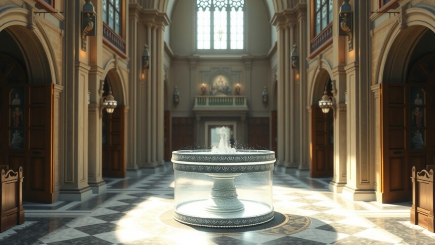Szenteltvíz forrása egy gyönyörű templomban, világos környezettel.