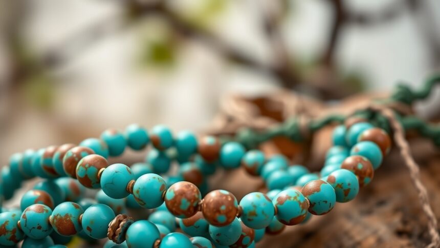 Afrikai türkiz gyöngyök a természetes háttér előtt