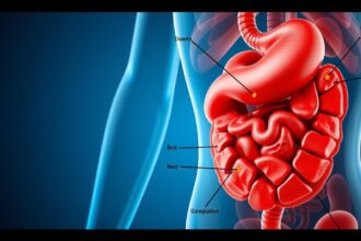 Az emberi emésztőrendszer ábrázolása a gyomorral és beleggel.