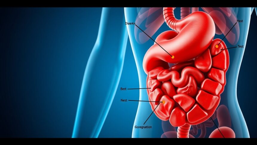 Az emberi emésztőrendszer ábrázolása a gyomorral és beleggel.