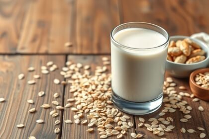 Friss zabtej egy pohárban, körülötte zabpehely és mogyorósnackek.