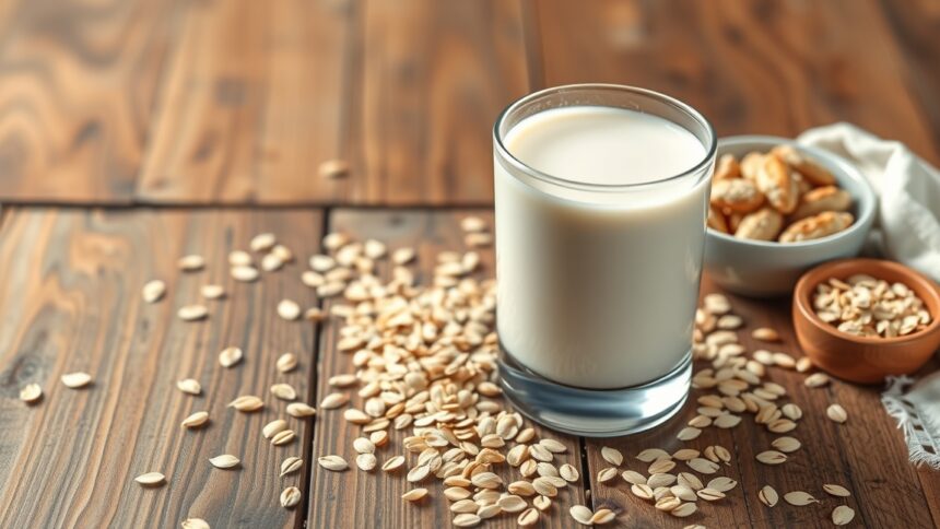 Friss zabtej egy pohárban, körülötte zabpehely és mogyorósnackek.