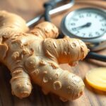 Gyömbér gyökér és vérnyomásmérő a faasztalon