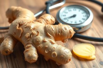 Gyömbér gyökér és vérnyomásmérő a faasztalon