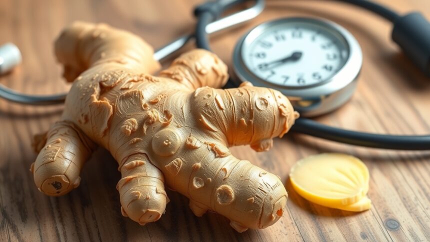 Gyömbér gyökér és vérnyomásmérő a faasztalon