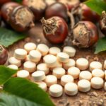 Vadgesztenye tabletták és vadgesztenye gyümölcsök egy asztalon