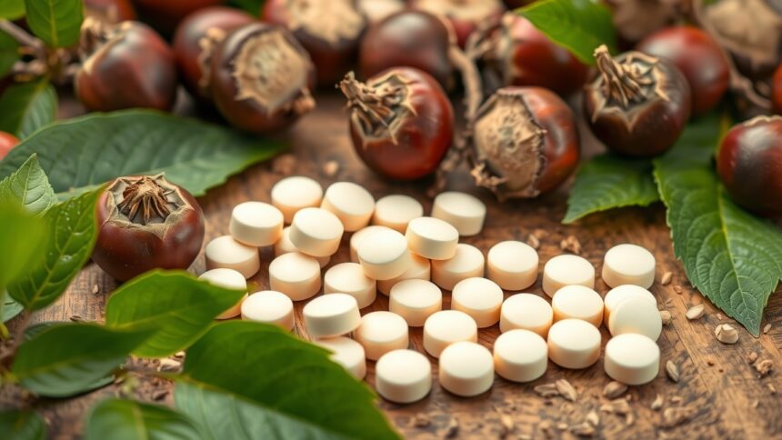 Vadgesztenye tabletták és vadgesztenye gyümölcsök egy asztalon