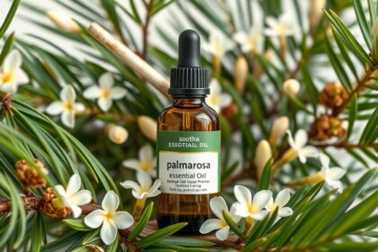 Pálmarózsa illóolaj üvegben virágokkal körülvéve.