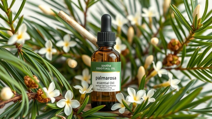 Pálmarózsa illóolaj üvegben virágokkal körülvéve.