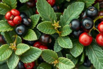 Kúszó fajdbogyó bogyók zöld levelek között.