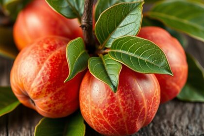 Friss birsalma levelekkel körülvett gyümölcsök