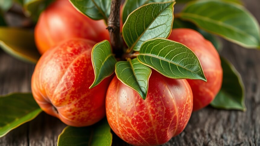 Friss birsalma levelekkel körülvett gyümölcsök