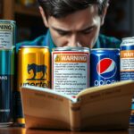 Egy fiatal férfi energiaitalokat olvas és figyelmeztetéseket néz