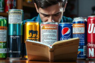 Egy fiatal férfi energiaitalokat olvas és figyelmeztetéseket néz