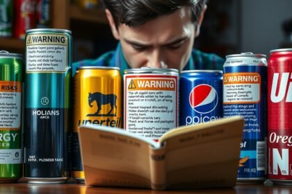 Egy fiatal férfi energiaitalokat olvas és figyelmeztetéseket néz