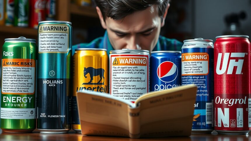 Egy fiatal férfi energiaitalokat olvas és figyelmeztetéseket néz
