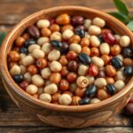 Különböző babfajták egy fából készült tálban, egészséges táplálkozás