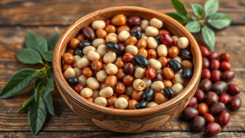 Különböző babfajták egy fából készült tálban, egészséges táplálkozás