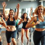 Aerobik óra boldog résztvevőkkel, akik edzenek és jól érzik magukat.