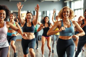 Aerobik óra boldog résztvevőkkel, akik edzenek és jól érzik magukat.