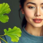 Ginkgo biloba levelek és bőrápoló termék egy fiatal nő kezében.