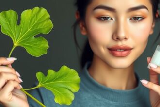 Ginkgo biloba levelek és bőrápoló termék egy fiatal nő kezében.