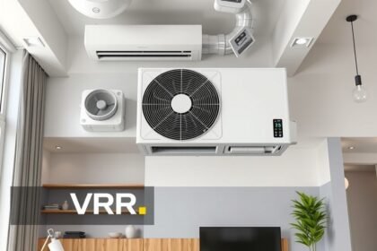 Modern VRV klímarendszer otthonban, energiahatékony hűtés és fűtés.