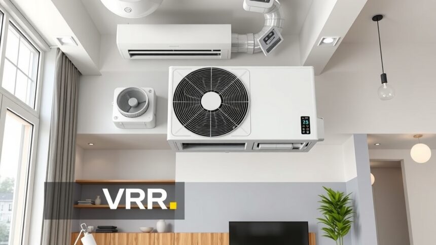 Modern VRV klímarendszer otthonban, energiahatékony hűtés és fűtés.