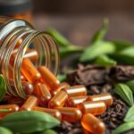 Pu-erh tea kapszulák és zöldlevelek, egészséges kiegészítők.