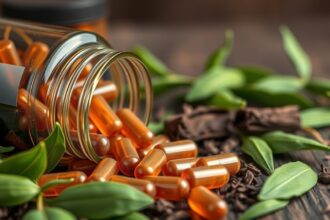 Pu-erh tea kapszulák és zöldlevelek, egészséges kiegészítők.