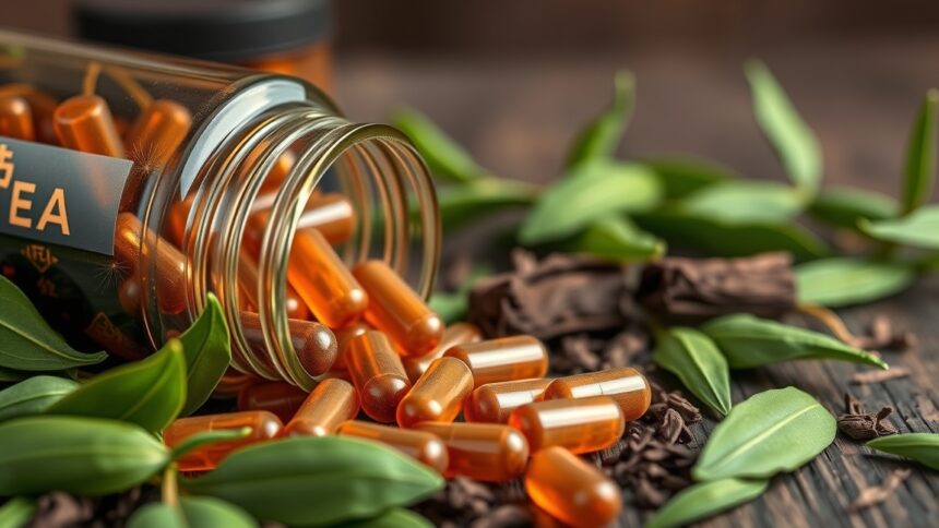 Pu-erh tea kapszulák és zöldlevelek, egészséges kiegészítők.