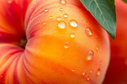 Egy friss, vizes barack közeli képe, amely gazdag színű és egészséges