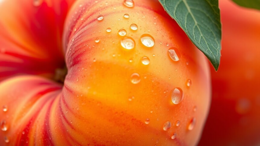 Egy friss, vizes barack közeli képe, amely gazdag színű és egészséges