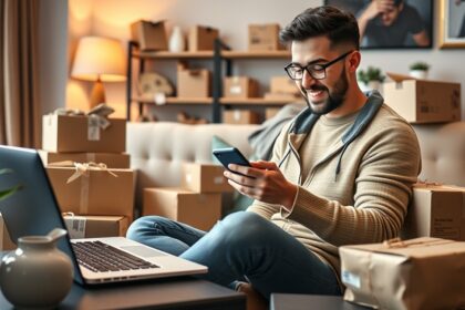 Férfi online vásárlás közben, dobozok között ülve