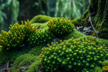 Tőzegmohák színes csoportja a természetben, biológiai sokféleség.