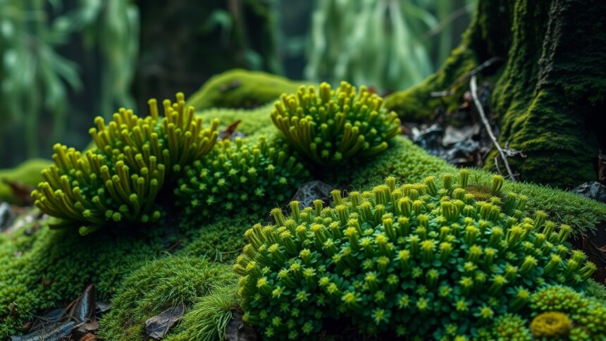 Tőzegmohák színes csoportja a természetben, biológiai sokféleség.