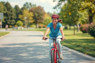 Fiatal nő kerékpározik egy parkos úton, boldogan mosolyogva