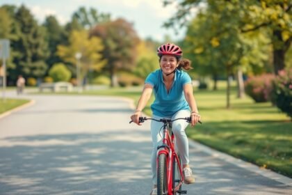 Fiatal nő kerékpározik egy parkos úton, boldogan mosolyogva